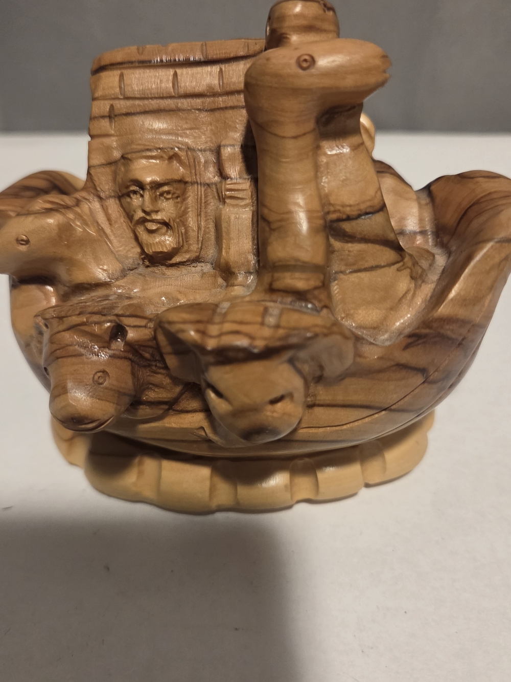 Hand-Carved Wood Figural Decorative Bowl - Natural Brown